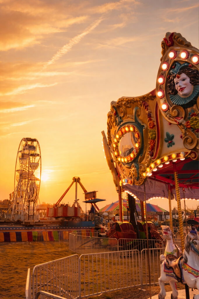 A colorful carousel and Ferris wheel light up the Lake Superior Ice Festival at sunset, with bright lights shining against vivid orange skies. The lively scene is festive, with various rides and booths adding to the excitement.
