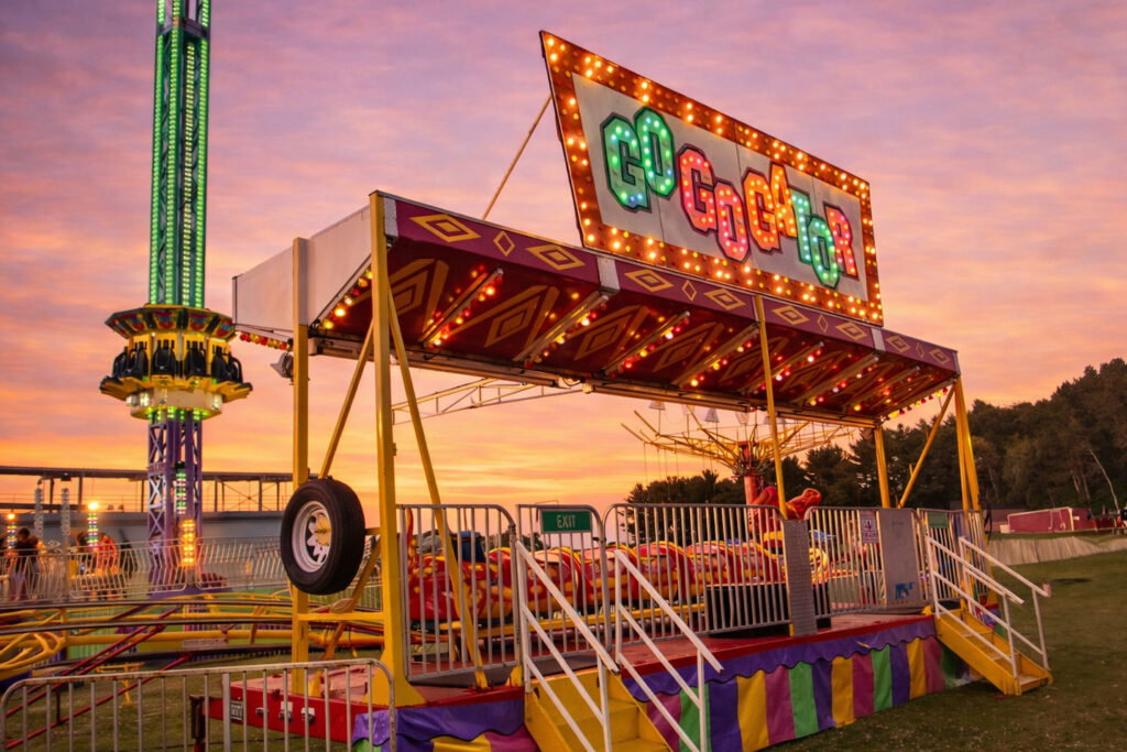 A brightly lit carnival ride with a colorful "Go Gator" sign is set against a vibrant sunset sky at the Lake Superior Ice Festival. The ride is surrounded by stairs and railings, with other amusement rides and trees in the background.