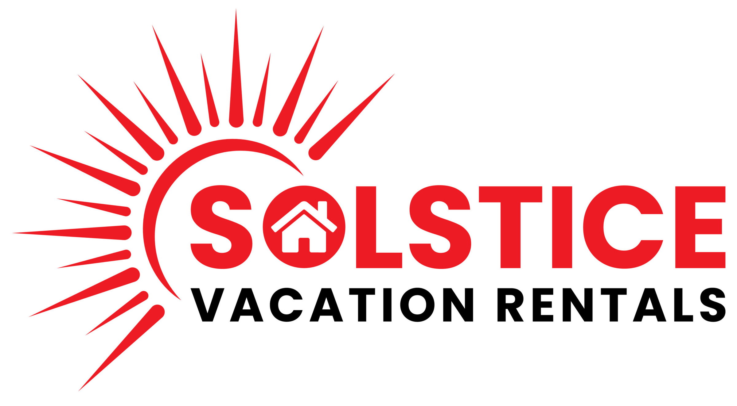 Logo for Solstice Vacation Rentals featuring a stylized red sunburst on the left, the word "SOLSTICE" in bold red with a house icon in the "O," and "VACATION RENTALS" in black below.