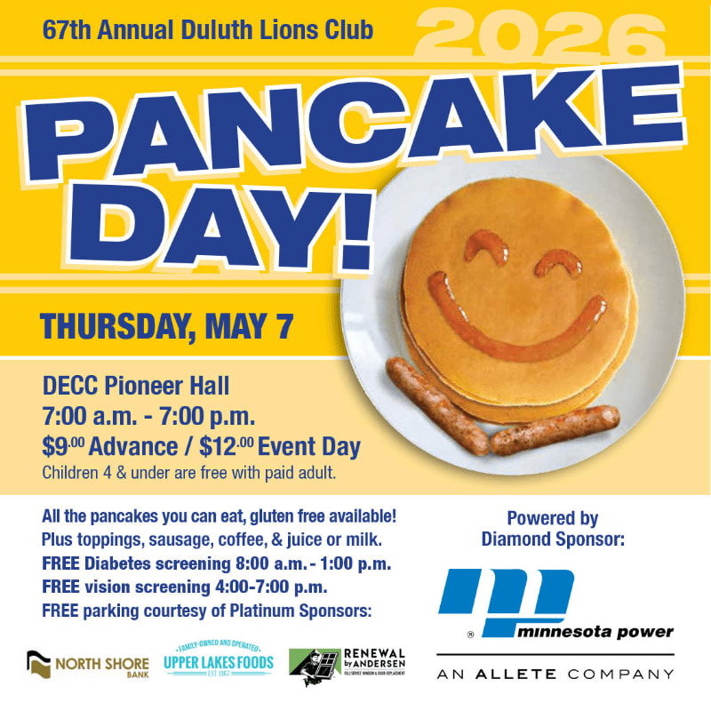 A poster advertises the 67th Annual Duluth Lions Club Pancake Day on May 7, 2026, with a pancake breakfast, smiling pancake face image, event details, and sponsor logos.