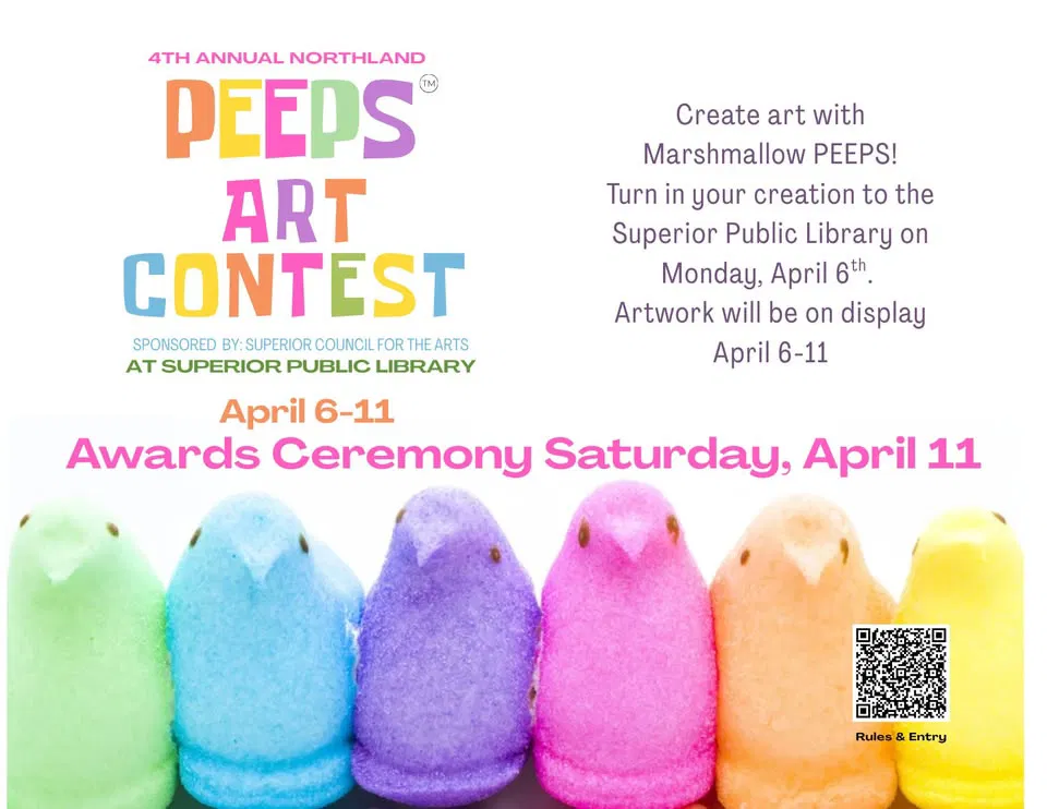 Colorful marshmallow PEEPS chicks are lined up at the bottom. Text promotes the "PEEPS Art Contest" at Superior Public Library, with art entry dates April 6–11 and an awards ceremony on April 11. A QR code is shown.