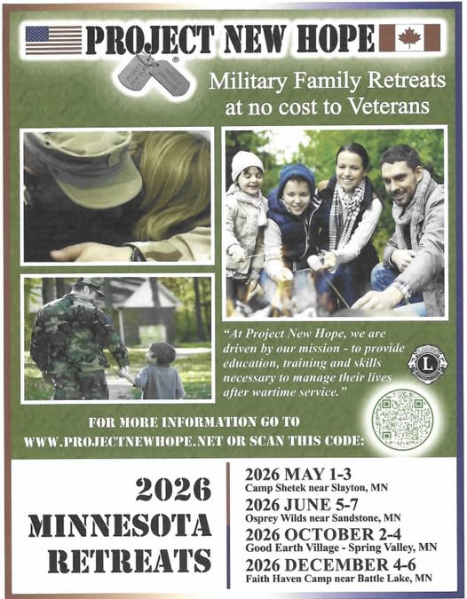 Flyer for Project New Hope offering free 2026 Minnesota military family retreats to veterans, with photos of families outdoors and retreat info. Includes dates, website, and a QR code for details.