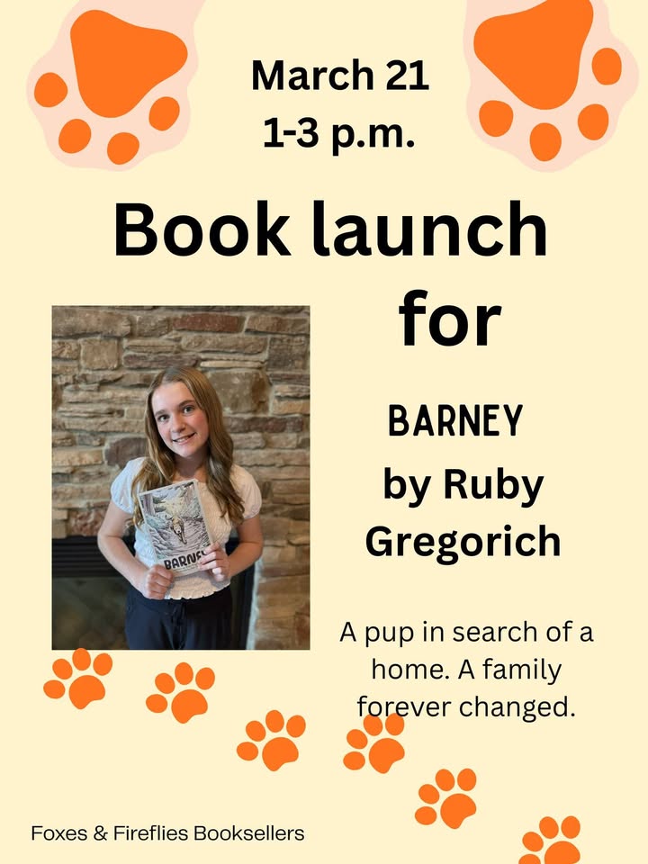 A girl holding a book titled "Barney" stands by a stone wall. Text announces a book launch for "Barney" by Ruby Gregorich on March 21, 1–3 p.m., with paw prints in the background.