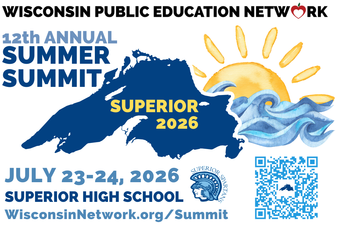 Promotional poster for the 12th Annual Summer Summit, hosted by Wisconsin Public Education Network, held at Superior High School on July 23-24, 2026. Features a sun, lake, waves, and a QR code.