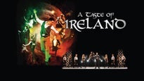 A promotional image for "A Taste of Ireland" featuring Irish dancers performing on stage with green and orange lights, and the show's title in bold white text on a black background.