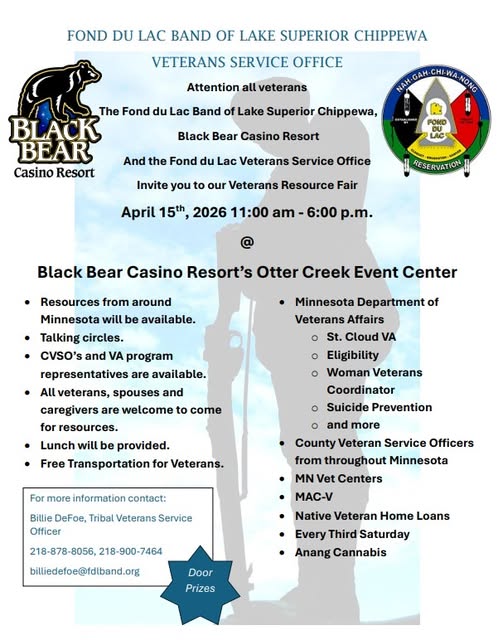Flyer for a Veterans Service Fair at Black Bear Casino Resort, Otter Creek Event Center, on April 15, 2026, listing services for veterans, event info, contact details, and an image of the Black Bear Casino logo.