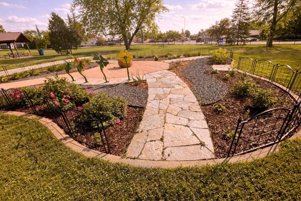 A landscaped garden with a stone pathway, flower beds, small metal sculptures of dancing figures, and a tree at the center offers charm reminiscent of the Lake Superior Ice Festival, surrounded by grass, fencing, and scenic park views in the background.