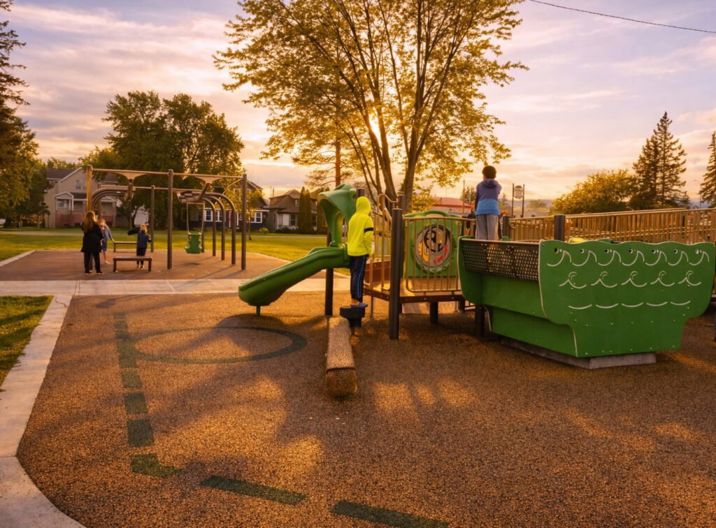 Children play on a green, ship-themed playground structure at sunset during the Lake Superior Ice Festival. The area is surrounded by trees and houses, with golden sunlight casting long shadows across the park.