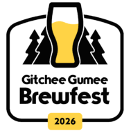 Logo for Gitchee Gumee Brewfest 2026 featuring a beer glass in front of pine trees with the event name and year displayed below.