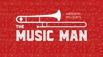 Red graphic with white outline of a trombone above the words “Meredith Willson’s The Music Man.” Musical notes and symbols are faintly patterned in the background.