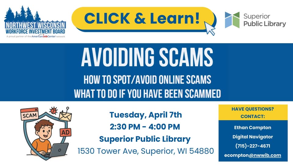 Click & Learn: Avoiding Scams w/Ethan Compton @ Superior Public Library – Superior