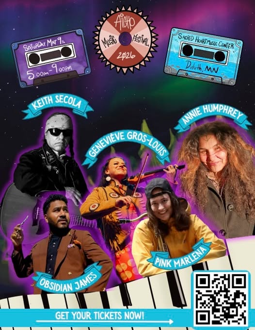 Colorful poster for AICHO Music Festival 2026, featuring artists Keith Secola, Genevieve Gros-Louis, Annie Humphrey, Obsidian James, and Pink Marléna, with event details, cassette tapes, piano keys, and a QR code.