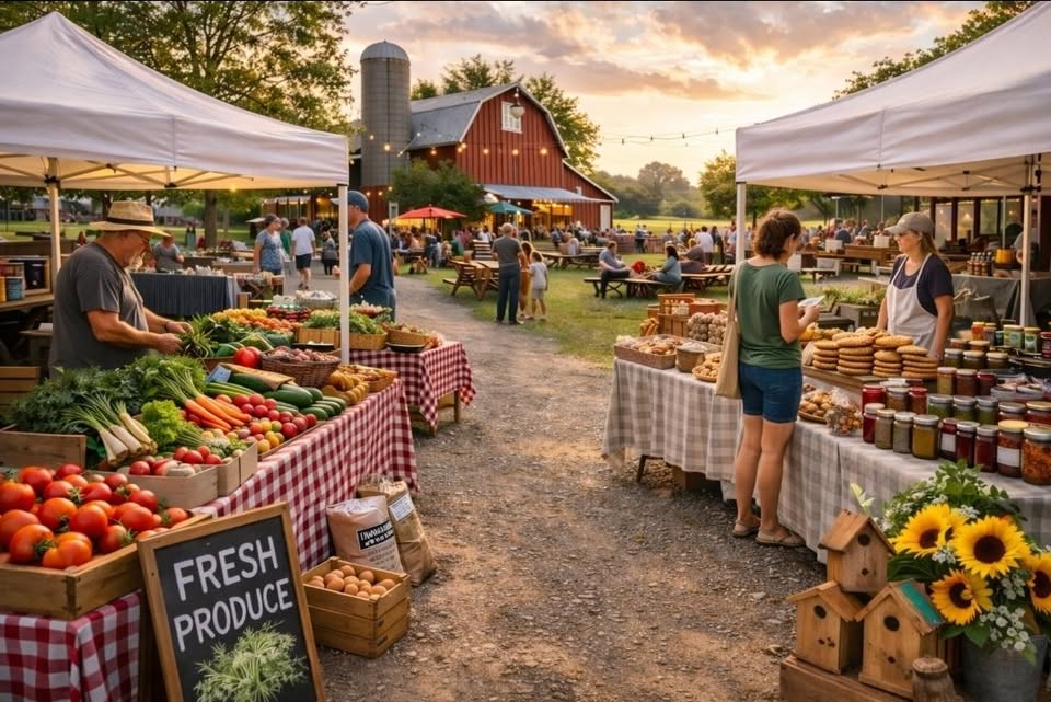 A lively farmers market features stalls with fresh produce, baked goods, and preserves under white tents. People browse the stands, with a red barn and picnic tables in the background on a sunny day.