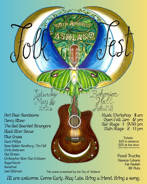 Colorful poster for the 59th Annual Ashland Folk Fest on May 16, 2026, featuring a guitar, butterfly, mushrooms, event details, band lineup, times, location at Bohemian Hall, ticket info, and food trucks.