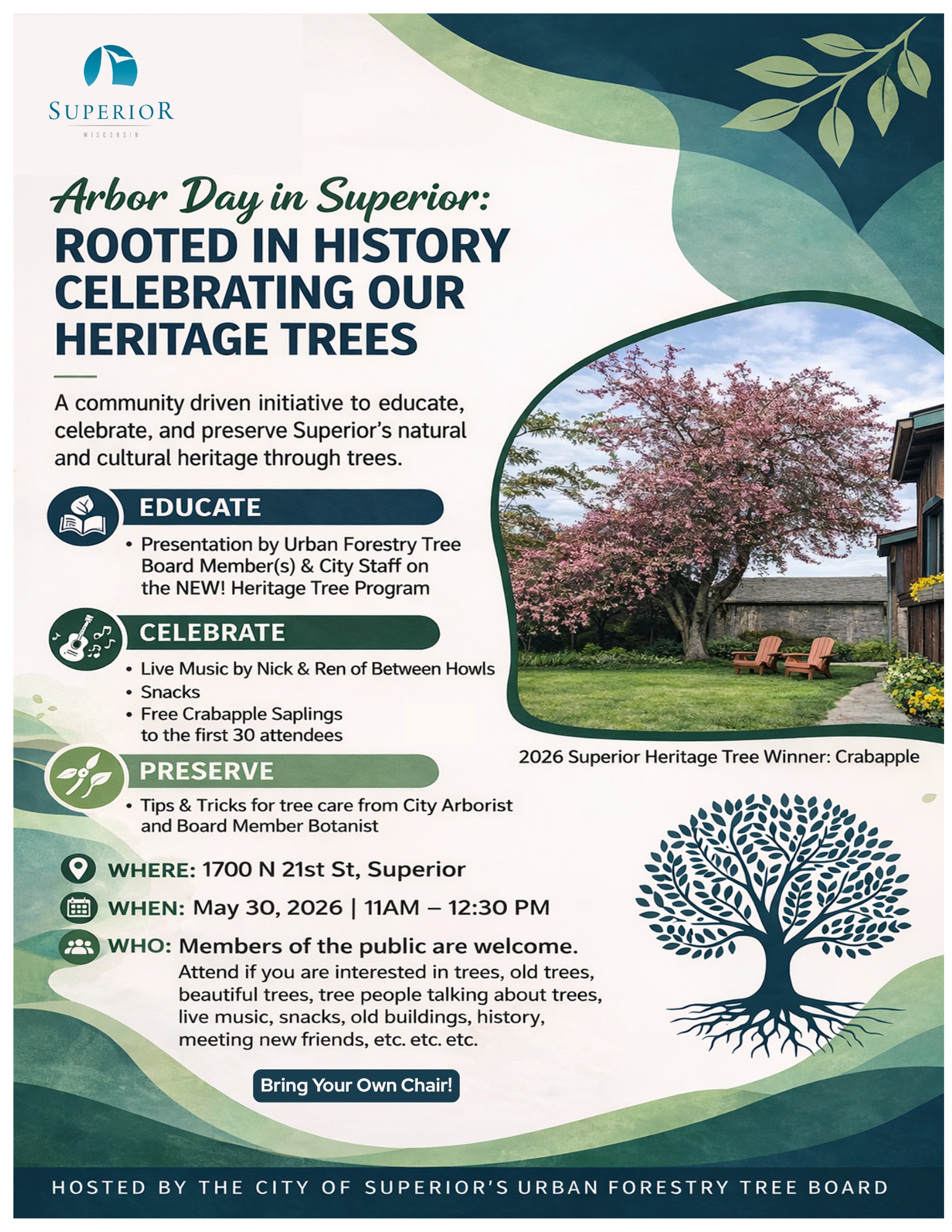 Flyer for Arbor Day in Superior event featuring a blooming crabapple tree, event details, and icons. Text highlights education, live music, tree sapling giveaways, and preservation activities. Event is May 30, 2026, at 1700 N 21st St, Superior.