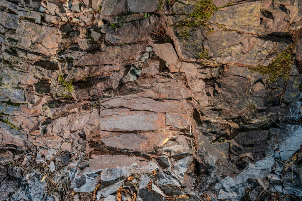 Close-up view of a rocky surface with layers of jagged, weathered stone, some moss patches, and small plants thriving in the crevices—nourished by nearby spring waterfalls. The texture reveals natural fractures and earthy brown and gray tones.