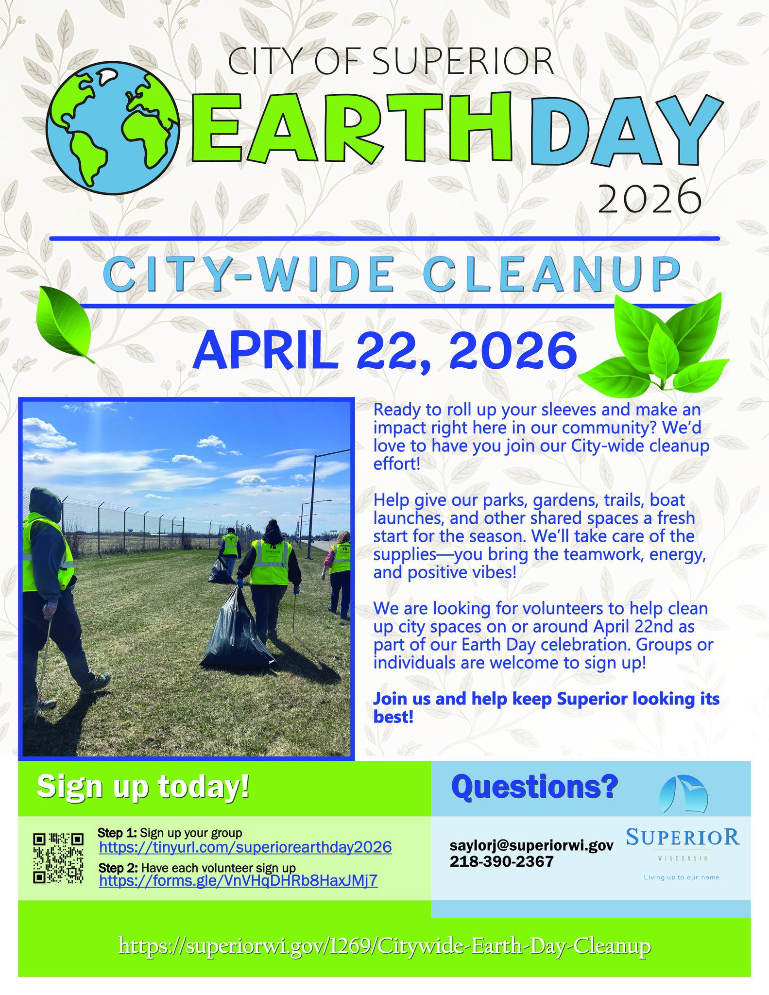 A colorful flyer for the City of Superior Earth Day 2026 City-Wide Cleanup on April 22, encouraging volunteers to help clean parks and public areas, with sign-up links and contact information at the bottom.