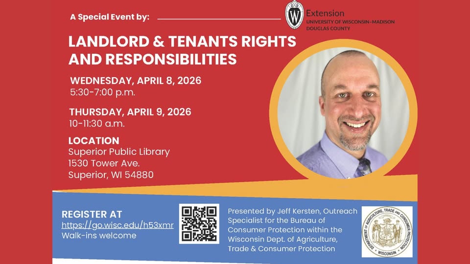 Informational flyer for a landlord and tenants' rights event with dates, times, location, and registration details. Includes a smiling man’s photo and is organized by UW-Madison Extension and the Wisconsin DATCP.