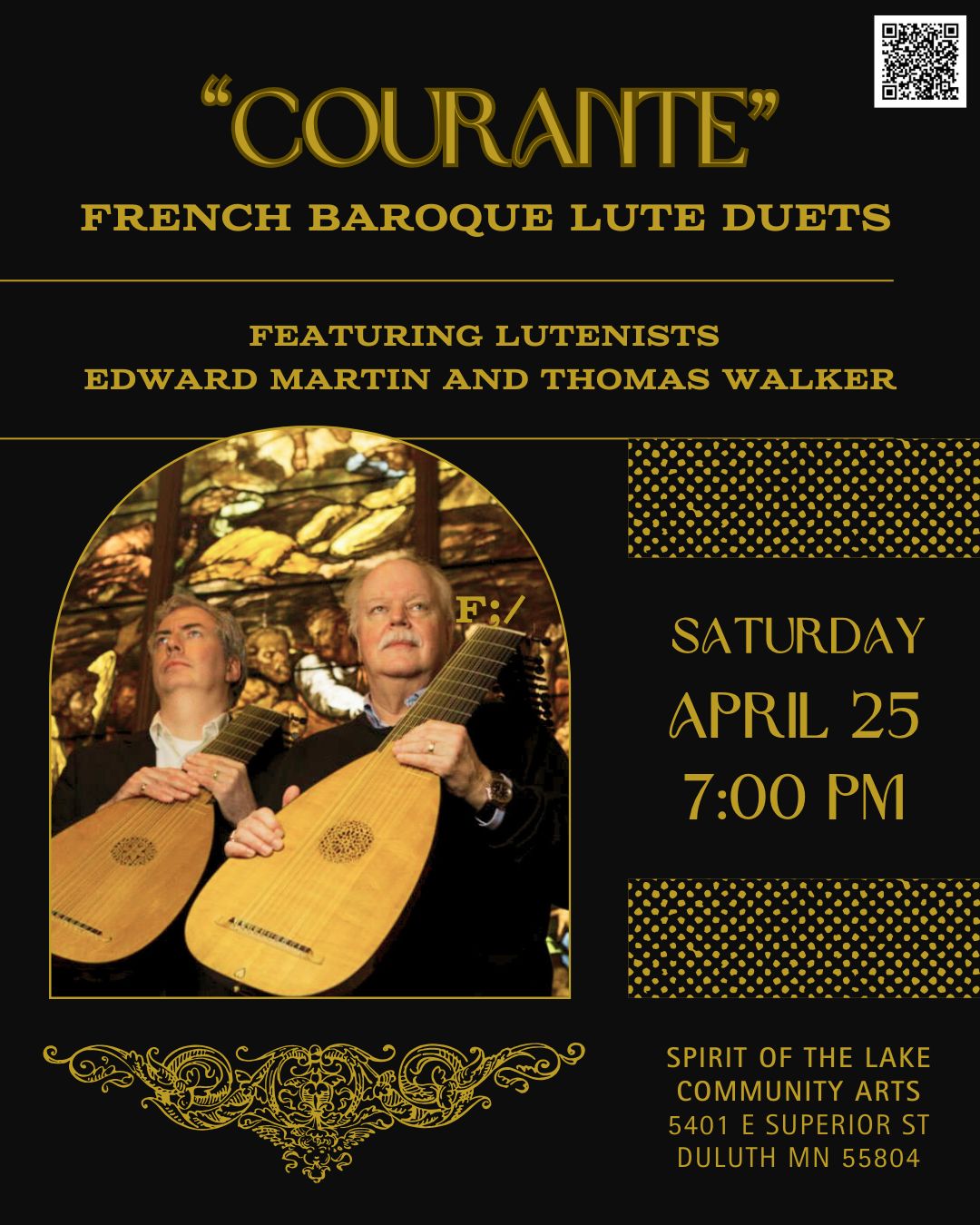 Concert poster for "Courante: French Baroque Lute Duets" featuring lutenists Edward Martin and Thomas Walker, with event details for Saturday, April 25, 7:00 PM at Spirit of the Lake Community Arts, Duluth, MN.