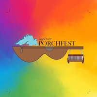 Logo for Superior Porchfest showing a brown porch with a railing and blue smoke or clouds above it, set against a vibrant rainbow-gradient background. The text "Superior Porchfest" appears above the porch.