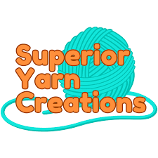 Logo for "Superior Yarn Creations" with bold orange text over a teal ball of yarn and a loose strand extending below.