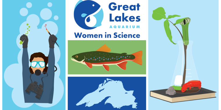 A collage featuring a scuba diver, a fish, the Great Lakes Aquarium logo with "Women in Science," the outline of Lake Superior, and a science experiment with a plant and fish in a beaker.