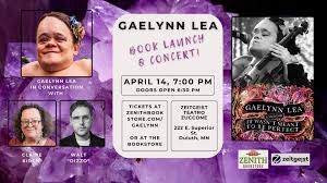 Event poster with purple floral background for Gaelynn Lea’s book launch and concert on April 16 at 7:00 PM at Zeitgeist Teatro Zuccone in Duluth, MN. Includes images of Gaelynn Lea and event details.