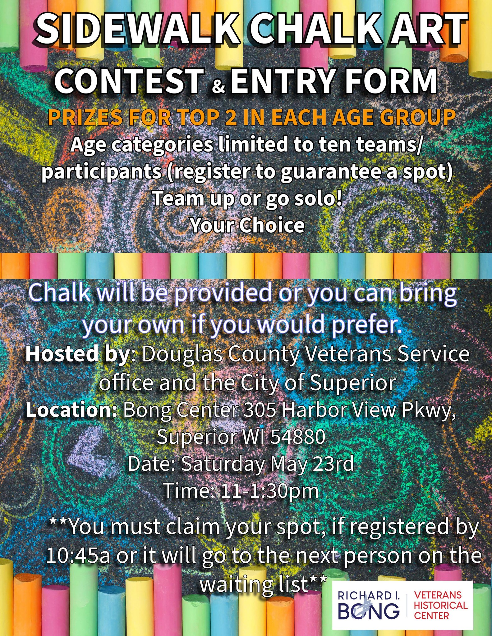 Colorful flyer for a sidewalk chalk art contest, with details on prizes, age categories, and how to register. Hosted at Bong Center in Superior, WI, on May 18 from 11 am–1:30 pm. Chalk provided or bring your own.