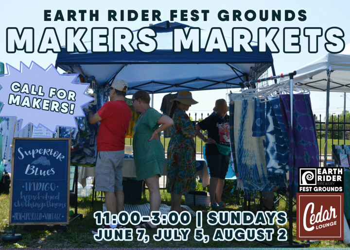 People browse handmade goods at outdoor vendor tents under a sunny sky. Text promotes "Makers Markets" at Earth Rider Fest Grounds, Sundays 11-3, June 7, July 5, August 2. Signs invite makers and show event sponsors.