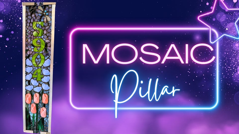 Tall stained glass mosaic pillar with numbers "904" in green, purple flowers, and orange tulip designs on the left; glowing neon text "MOSaIC Pillar" and star outline on a purple background on the right.