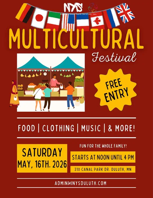 Poster for a Multicultural Festival with flags, a market stall illustration, and event details. Text highlights free entry, food, clothing, music, and date: May 16, 2026, noon, at 310 Canal Park Dr., Duluth, MN.