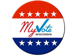 A circular button with red, white, and blue stripes and white stars, featuring the text “My Vote Wisconsin” in the center.