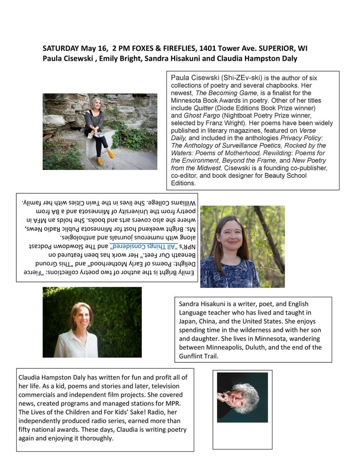 A flyer for a poetry event on May 16 at Foxes & Fireflies in Superior, WI, featuring authors Paula Cisewski, Emily Bright, Sandra Hyslop, and Claudia Hampston Daly. Includes author bios and photos of the four poets.
