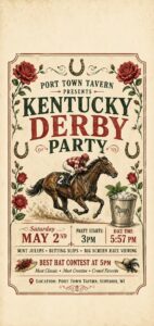 Vintage-style poster for a Kentucky Derby party featuring a horse and jockey, red roses, party details, and event highlights like a hat contest, mint juleps, race viewing, and date/time information.