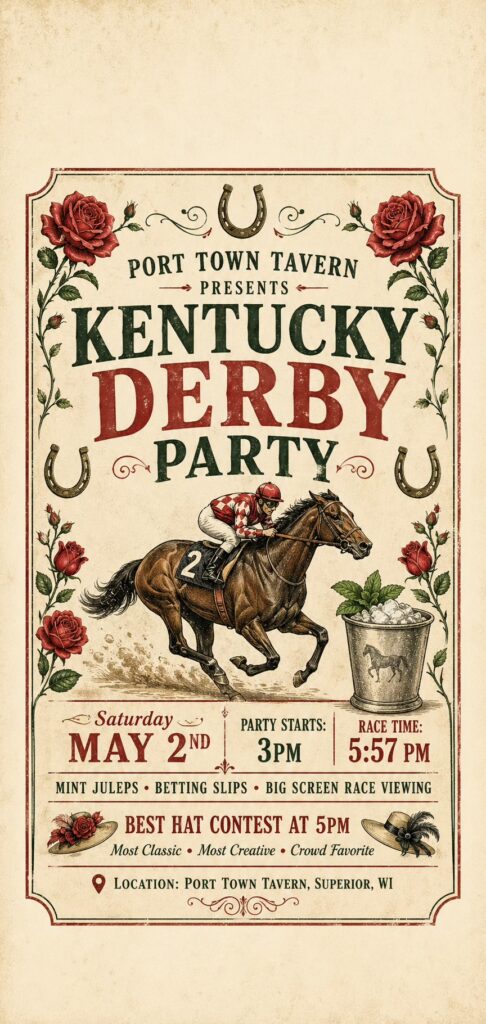 Vintage-style poster for a Kentucky Derby party featuring a horse and jockey, red roses, party details, and event highlights like a hat contest, mint juleps, race viewing, and date/time information.