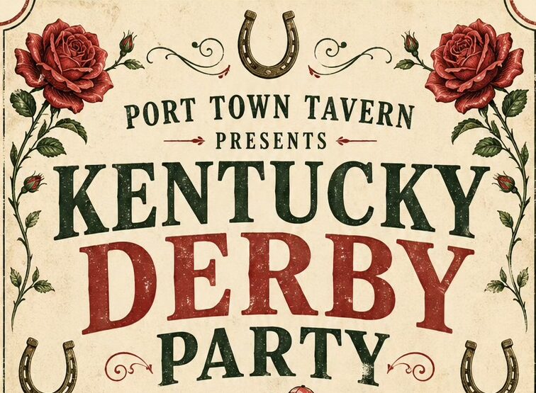 Vintage-style poster for a Kentucky Derby party featuring a horse and jockey, red roses, party details, and event highlights like a hat contest, mint juleps, race viewing, and date/time information.