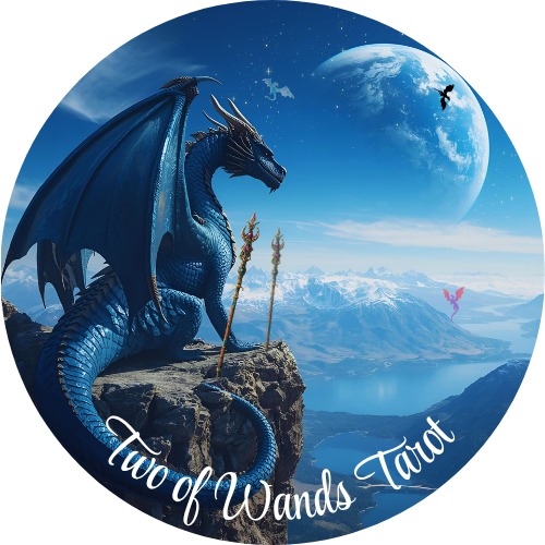 A majestic blue dragon sits on a mountain cliff beside two wands, overlooking a vast landscape with lakes and mountains under a bright moon. "Two of Wands Tarot" is written at the bottom in elegant script.