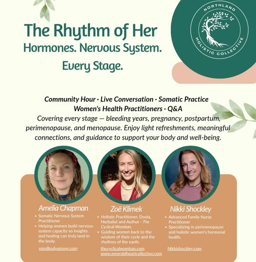 Informational flyer for "The Rhythm of Her" event by Northland Holistic Collective, featuring photos of three women speakers, event topics, and details about community, wellness, and women’s health.