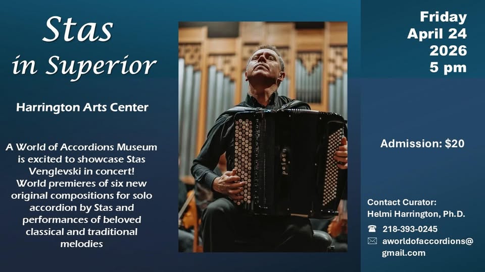Promotional poster for an accordion concert featuring Stas Venglevski at the Harrington Arts Center on Friday, April 24, 2026, at 5 pm. Admission is $20. Contact info and performance details are provided.