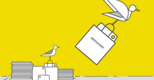 Minimalist illustration of two birds with suitcases; one is perched on a stack of books, while the other flies upward holding a suitcase labeled "epicurean," set against a bright yellow background.