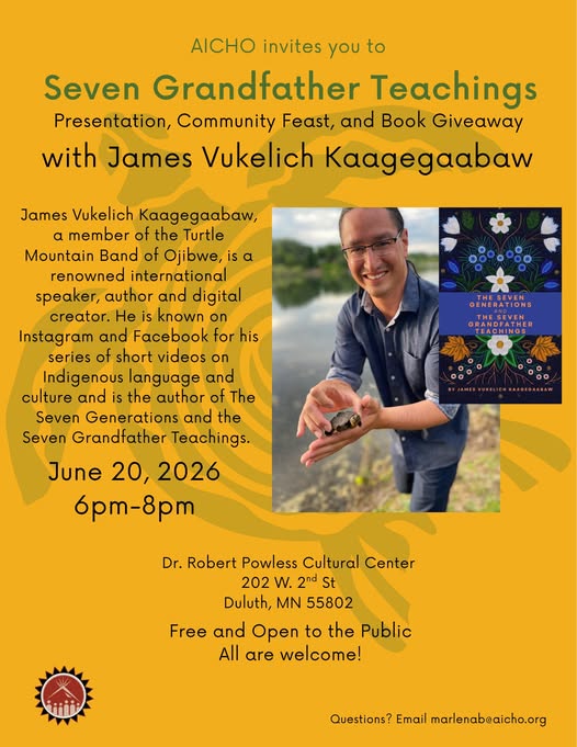 Event flyer for "Seven Grandfather Teachings" with James Vukelich Kaagegaabaw, featuring a photo of him holding a turtle and his book cover. Event on June 20, 2026, 6–8pm, in Duluth, MN. Free and open to the public.