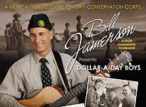 A smiling man wearing a beret and holding a guitar is featured on a poster that reads, “Bill Jamerson Presents: Dollar-A-Day Boys.” Vintage photos and silhouettes of men working are in the background.