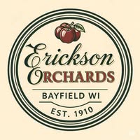 Logo for Erickson Orchards featuring two red apples above the text "Erickson Orchards, Bayfield WI, Est. 1910" within concentric green circles on a beige background.