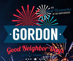 A festive graphic with colorful fireworks and text that reads: "Gordon Good Neighbor Days. Join us! Fireworks on the fairgrounds.