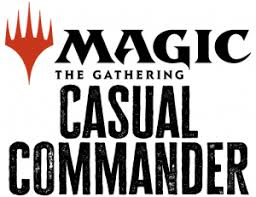 The image shows the "Magic: The Gathering" logo with the words "Casual Commander" in bold, distressed lettering below it. The Magic logo features an orange, flame-like symbol.