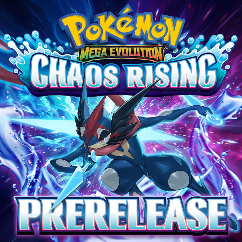 Promotional image for Pokémon Mega Evolution: Chaos Rising Prerelease, featuring the Pokémon Greninja with glowing blue water effects and dynamic energy in the background.
