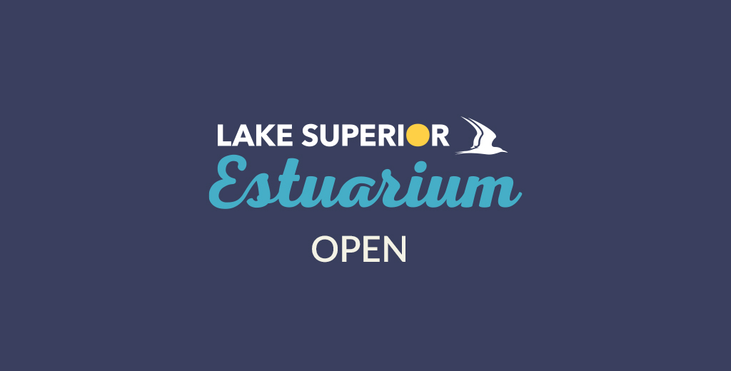Text graphic on a dark blue background reads "Lake Superior Estuarium OPEN" with a yellow circle, a flying bird icon, and "Estuarium" in script font.