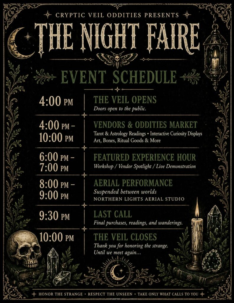 An ornate, mystical event poster titled "The Night Faire" features a detailed schedule with gothic illustrations of moons, stars, leaves, and candles on a dark background. Event times and descriptions are listed in gold text.