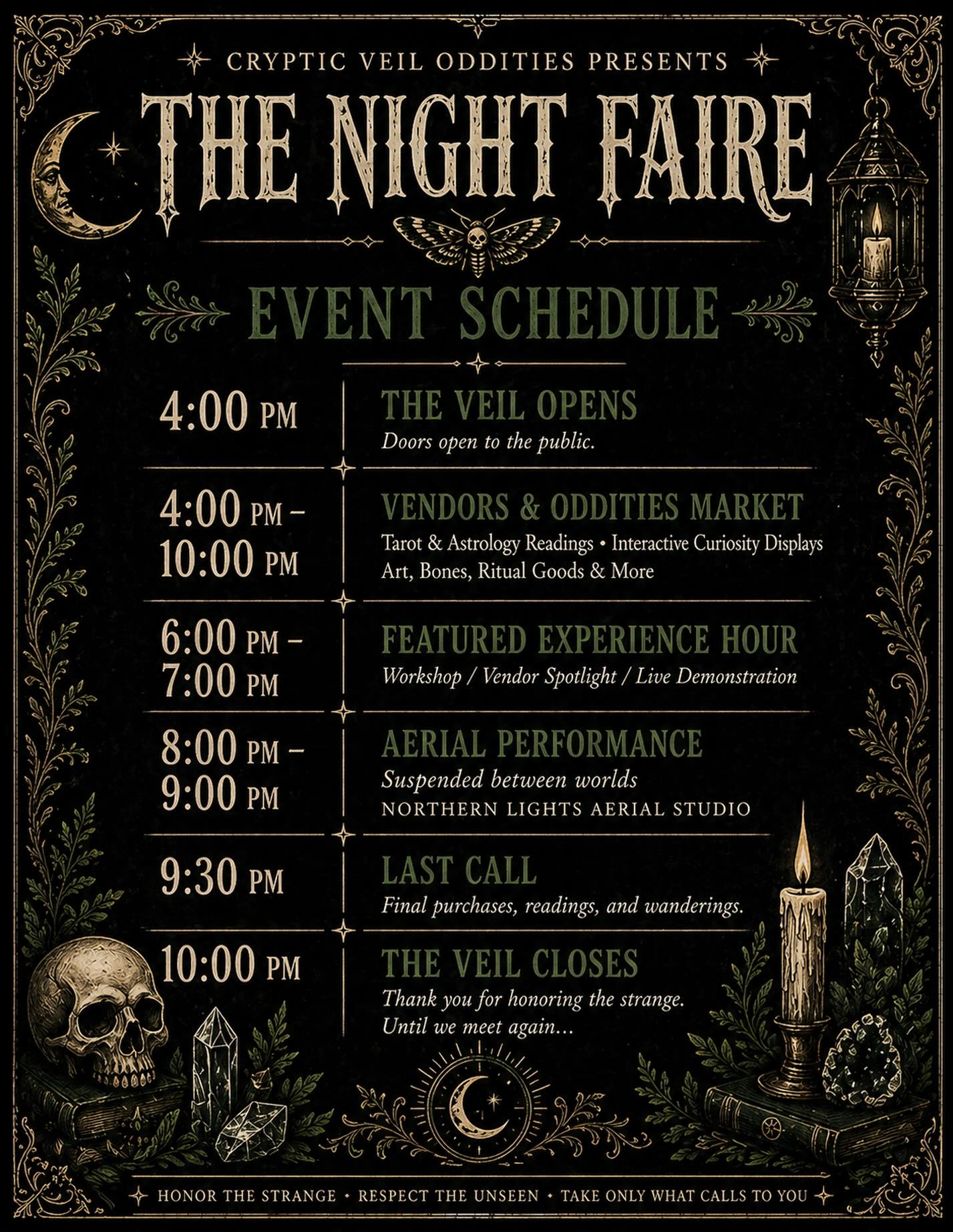 An ornate, mystical event poster titled "The Night Faire" features a detailed schedule with gothic illustrations of moons, stars, leaves, and candles on a dark background. Event times and descriptions are listed in gold text.