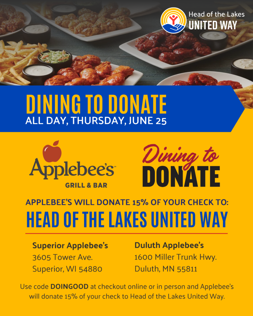 A promotional flyer for "Dining to Donate" on June 25, showing food like fries and steak. Applebee’s will donate 15% of sales to Head of the Lakes United Way. Locations and instructions for participation are included.